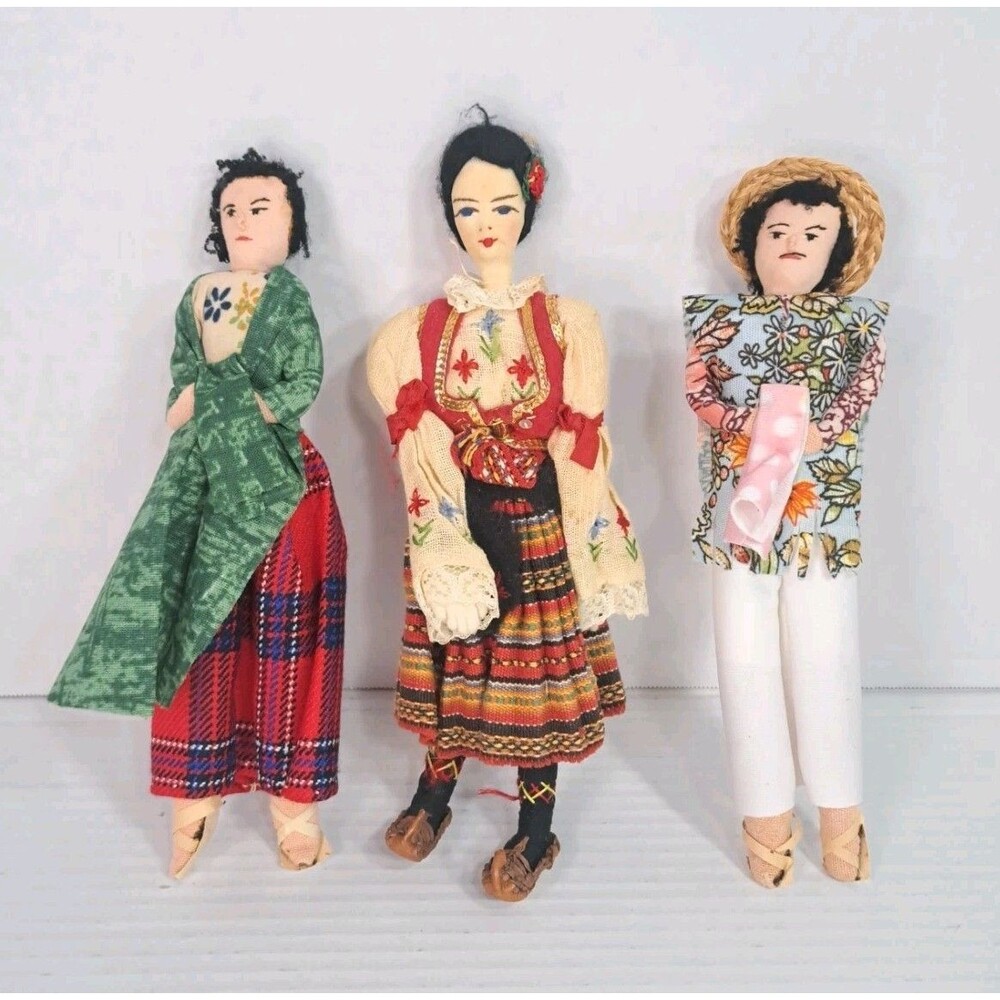 Vintage 1960s Handmade Cloth Dolls Yugoslavian Folk Costume Black Hair Lot of 3